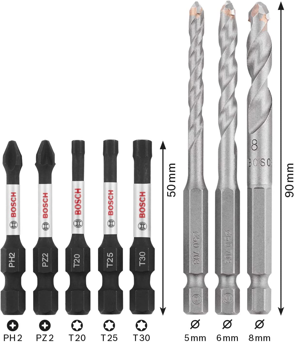 Pack of 8 impact control screw driver bits 50mm and ceramic drill bits, Pick and Clic PH2, PZ2, T20, T25, T30, Multi Construction Bits 5.0/6.0/8.0mm