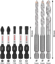 Pack of 8 impact control screw driver bits 50mm and ceramic drill bits, Pick and Clic PH2, PZ2, T20, T25, T30, Multi Construction Bits 5.0/6.0/8.0mm