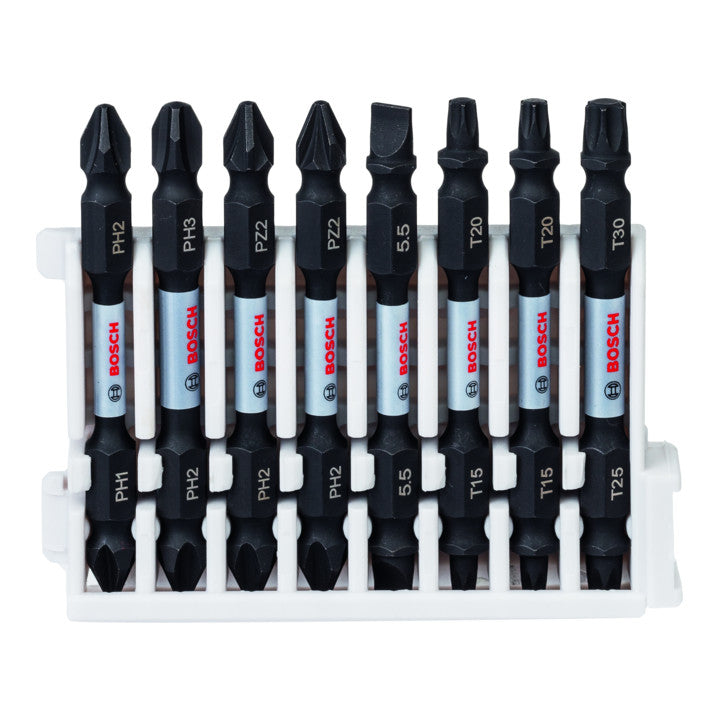 Pack of 8 impact control double ended screw driver bits 65mm, Pick and Clic PH1-PH2, PH2-PH3, PH2-PZ2 (2x), SL1x5.5-SL1x5.5, T15-T20 (2x), T25-T30