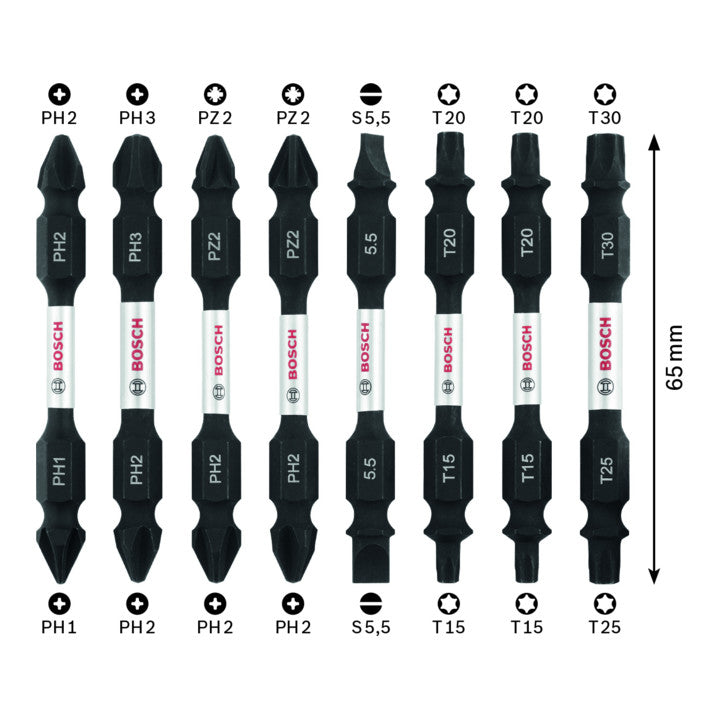 Pack of 8 impact control double ended screw driver bits 65mm, Pick and Clic PH1-PH2, PH2-PH3, PH2-PZ2 (2x), SL1x5.5-SL1x5.5, T15-T20 (2x), T25-T30