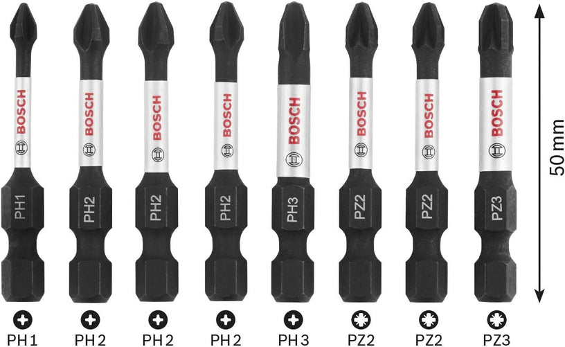 Pack of 8 impact control screw driver bits 50mm, Pick and Clic PH1, PH2 (3x), PH3, PZ2 (2x), PZ3 Pack of 8 impact control screw driver bits 50mm, Pick and Clic PH1, PH2 (3x), PH3, PZ2 (2x), PZ3