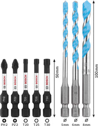 Pack of 8 impact control screw driver bits 50mm and multi purpose drill bits, Pick and Clic PH2, PZ2, T20, T25, T30, HEX-9 ceramic drill 5.0/6.0/8.0mm