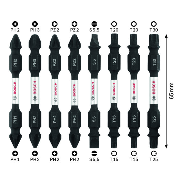 8dílná sada oboustranných bitů 65mm Impact Control - Pick&Clic PH1-PH2, PH2-PH3, PH2-PZ2 (2x), SL1x5.5-SL1x5.5, T15-T20 (2x), T25-T30